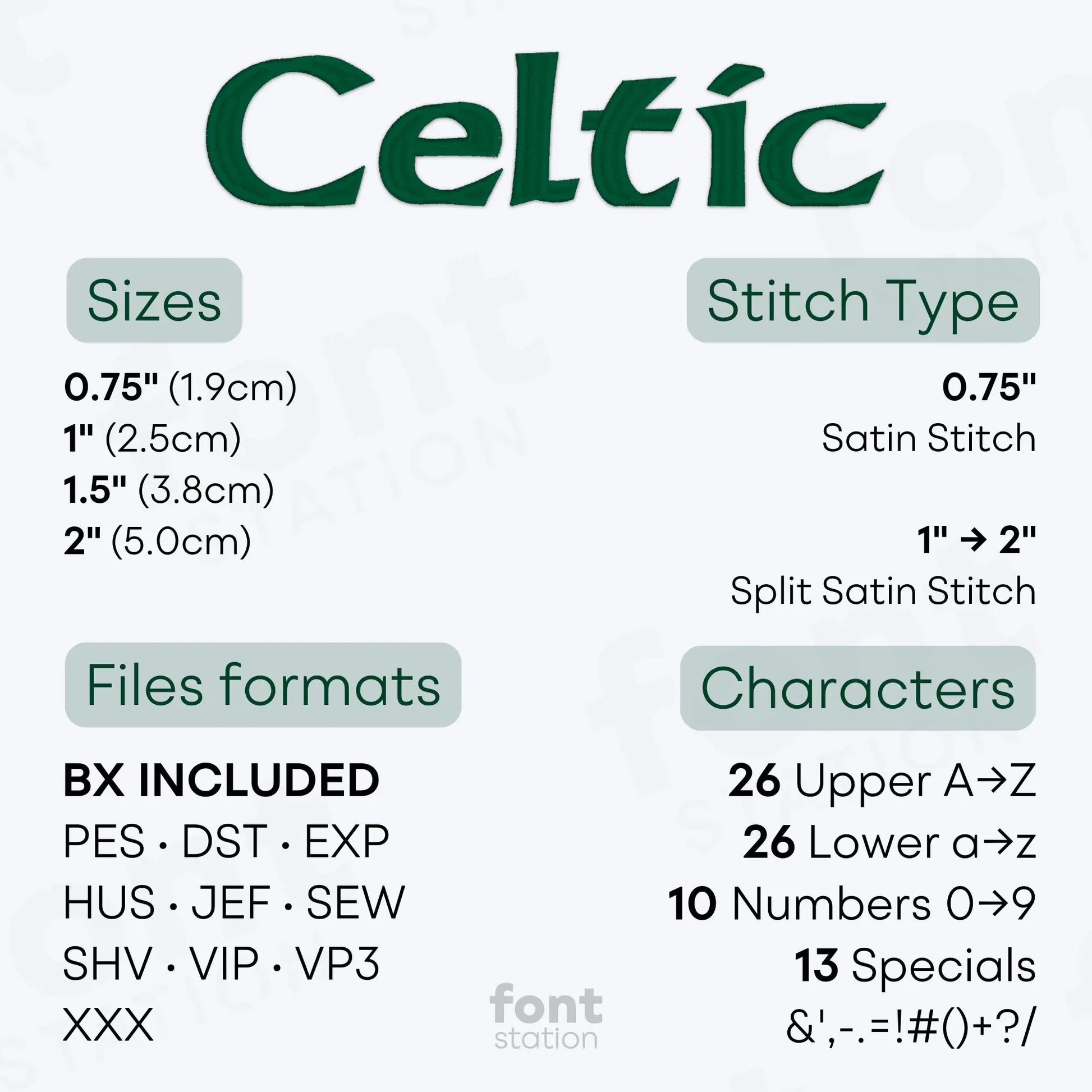 Image showing the different files formats, sizes, stitch type and available characters of the Celtic Embroidery Font by FontStation