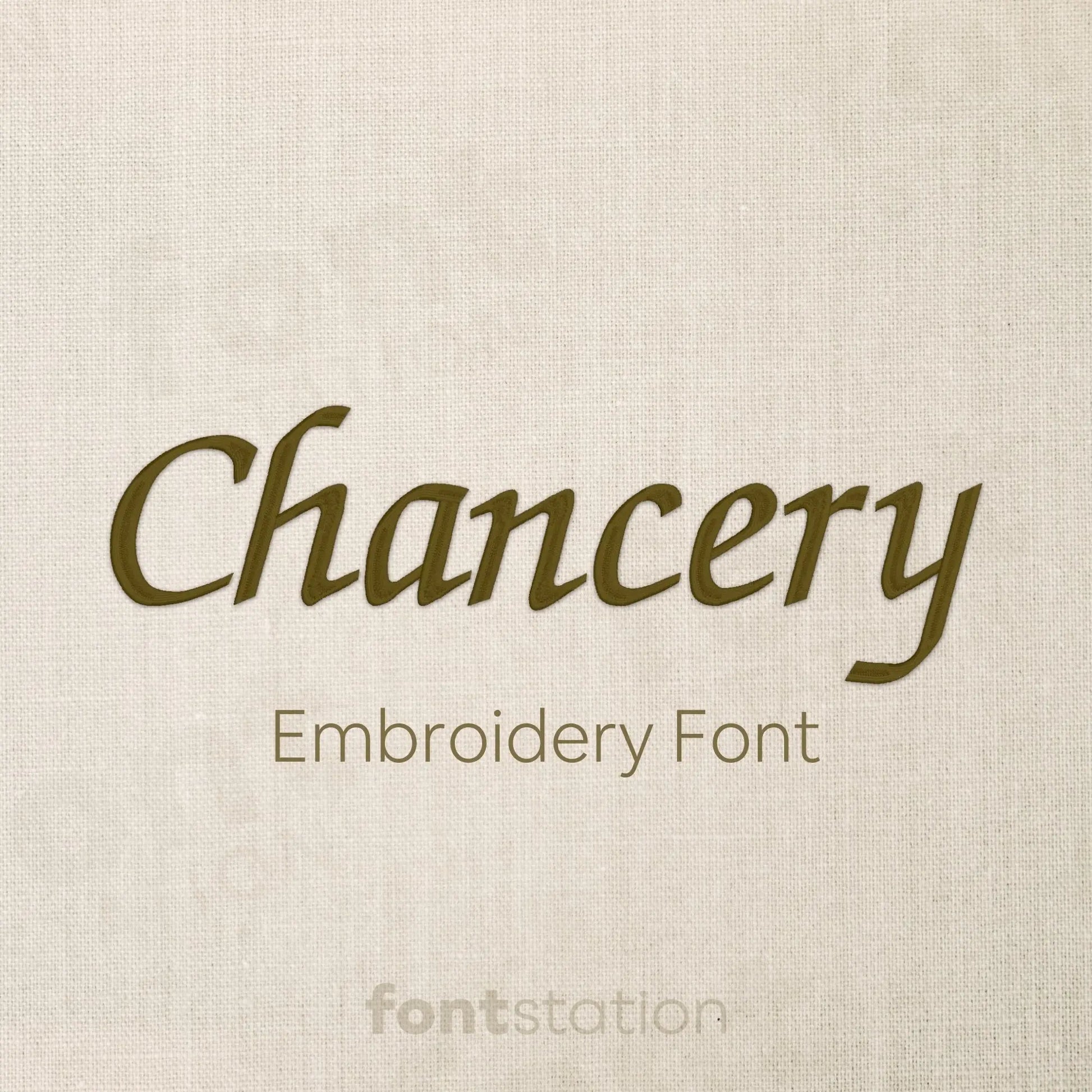 Main image of the Chancery embroidery font created by FontStation.