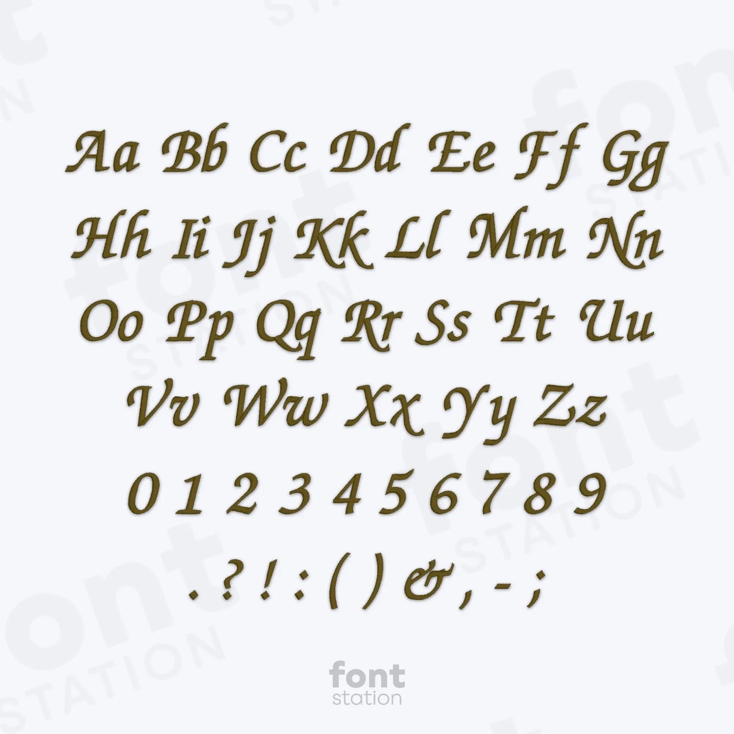 Alphabet, numbers and special characters with the Chancery embroidery font on a white background