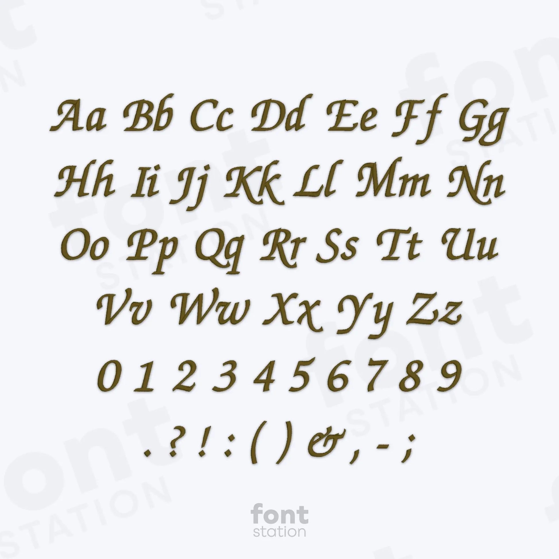 Alphabet, numbers and special characters with the Chancery embroidery font on a white background
