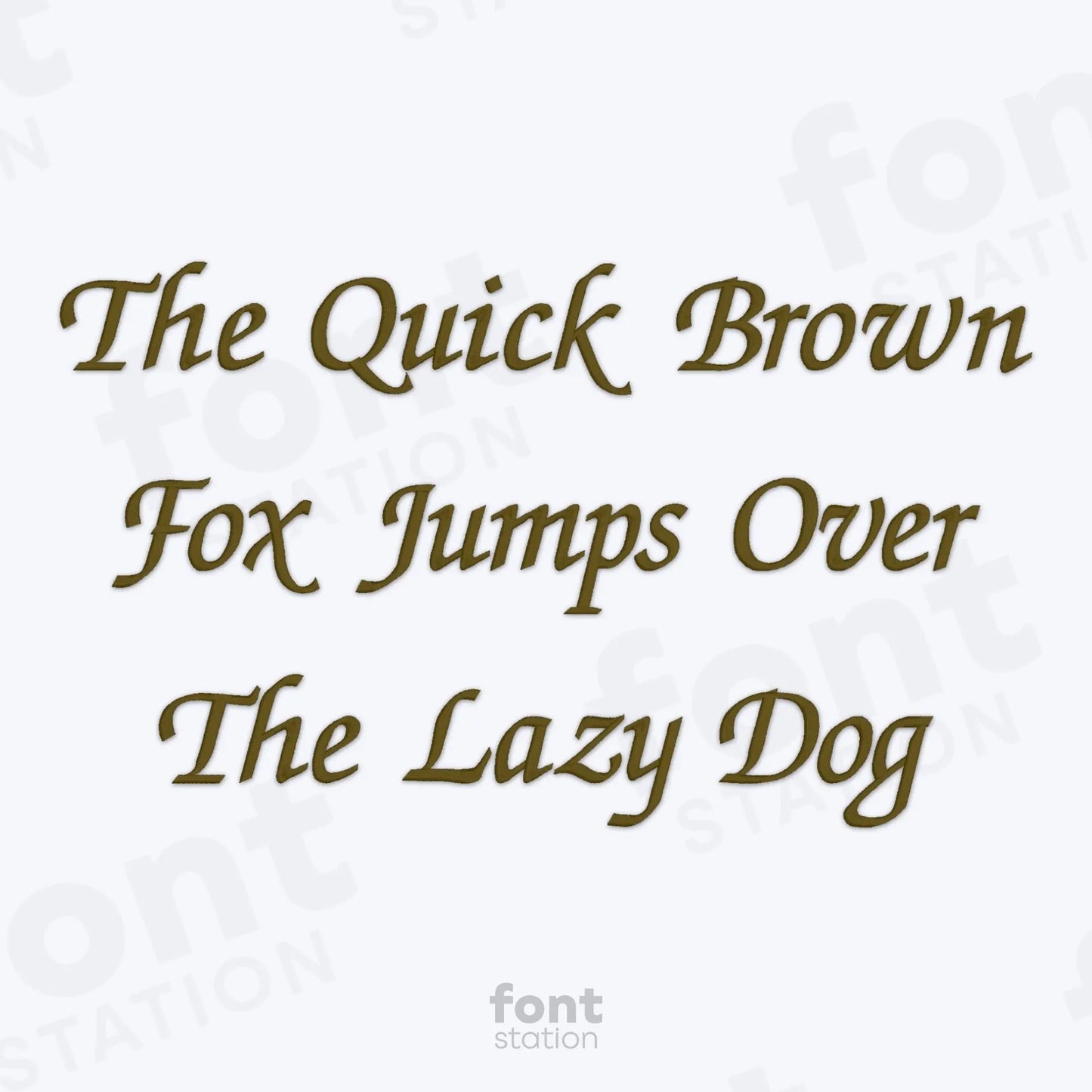 Text 'The Quick Brown Fox Jumps Over The Lazy Dog' in gold on a white background using the Chancery embroidery font.