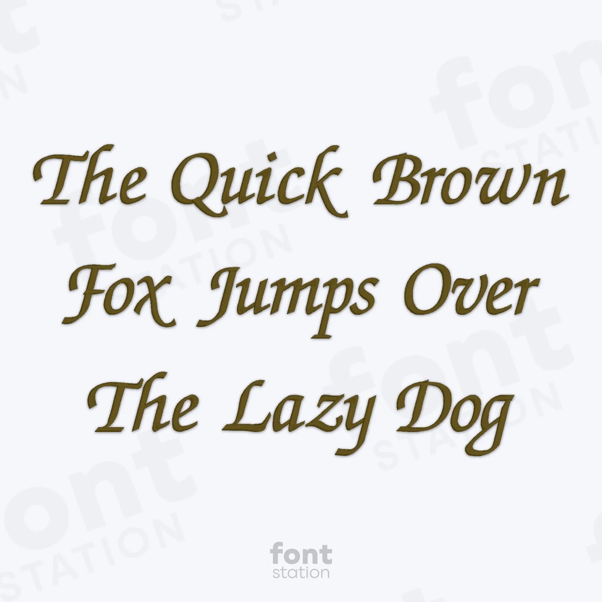Text 'The Quick Brown Fox Jumps Over The Lazy Dog' in gold on a white background using the Chancery embroidery font.