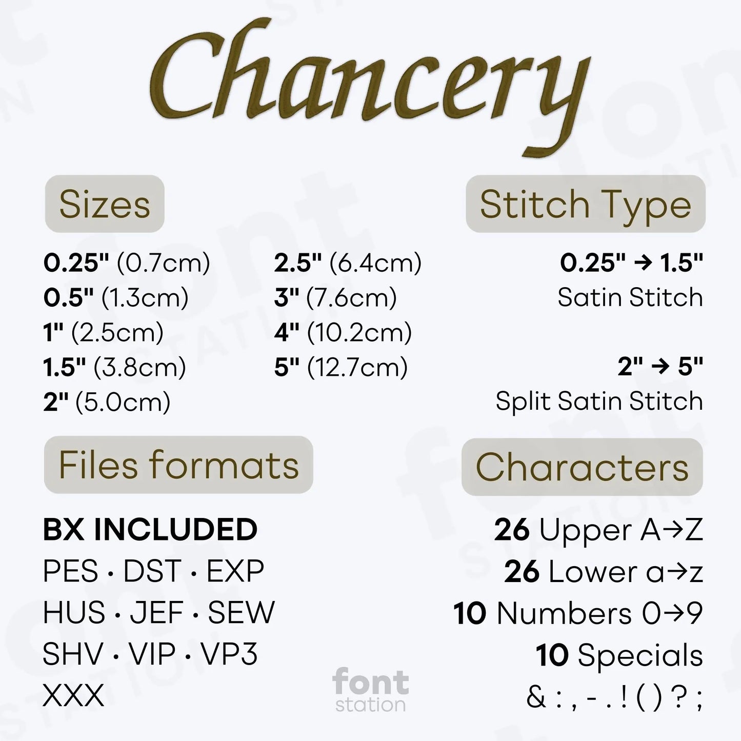 Image showing the different files formats, sizes, stitch type and available characters of the Chancery Embroidery Font by FontStation