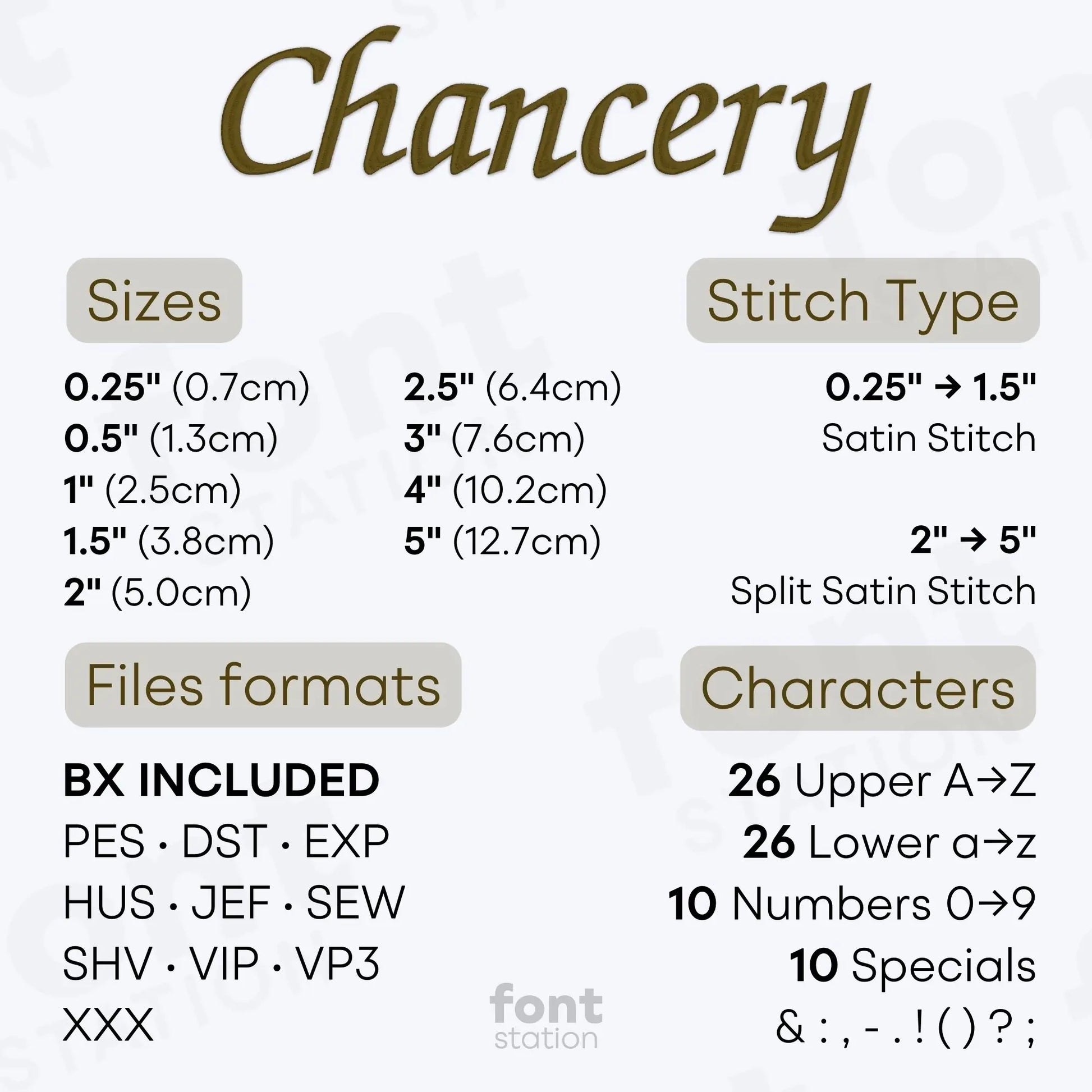 Image showing the different files formats, sizes, stitch type and available characters of the Chancery Embroidery Font by FontStation