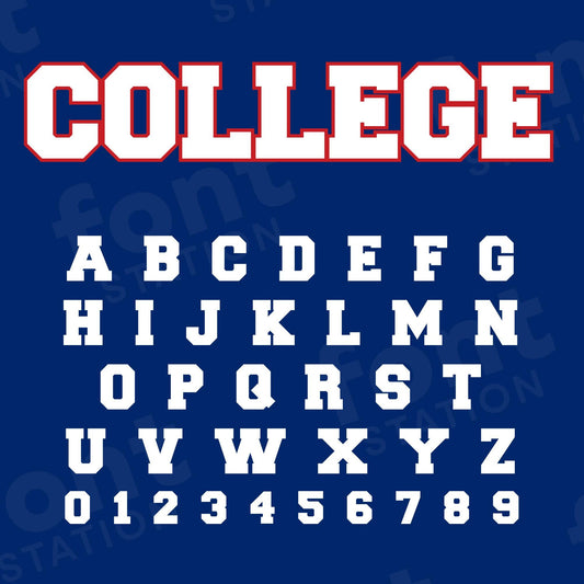 Image showing all characters available in the College Team font created by FontStation.