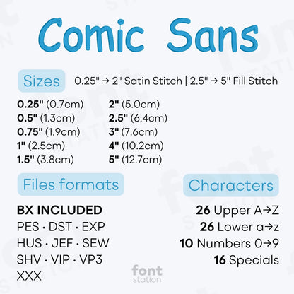 Image showing the different files formats, sizes, stitch type and available characters of the Comic Sans Embroidery Font by FontStation
