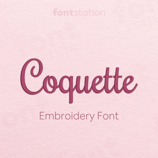 Main image of the Coquette embroidery font created by FontStation.