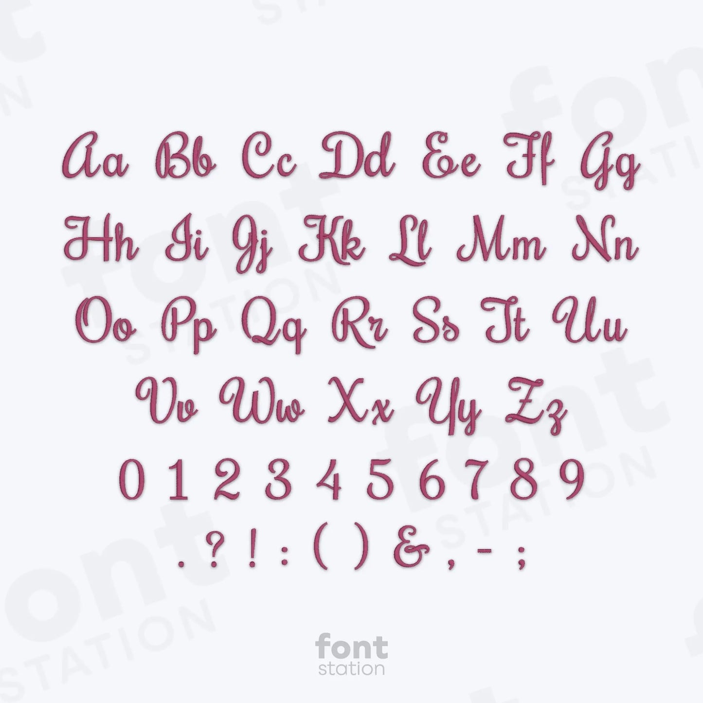 Alphabet, numbers and special characters on a white background using the Coquette embroidery font by FontStation.