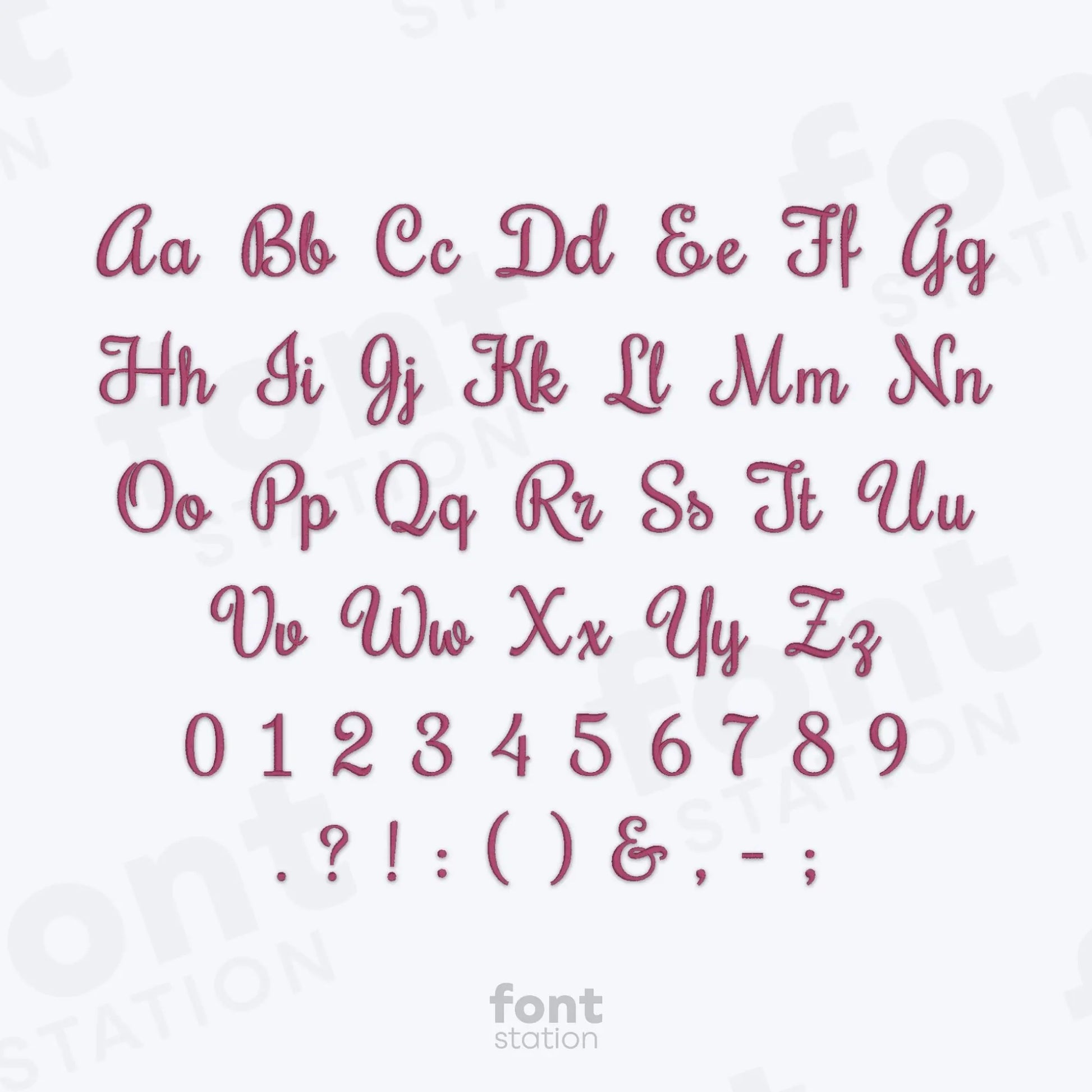 Alphabet, numbers and special characters on a white background using the Coquette embroidery font by FontStation.