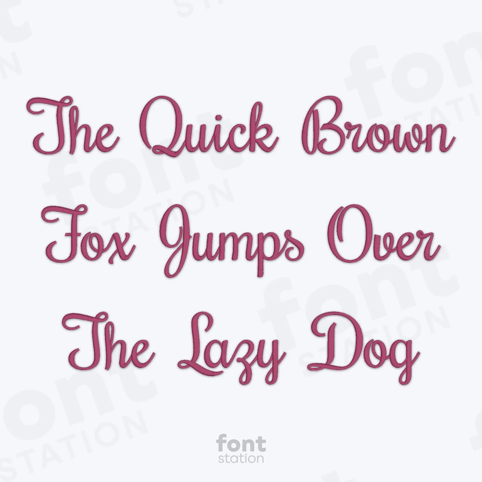 Text 'The Quick Brown Fox Jumps Over The Lazy Dog' on a white background using the Coquette embroidery font by FontStation
