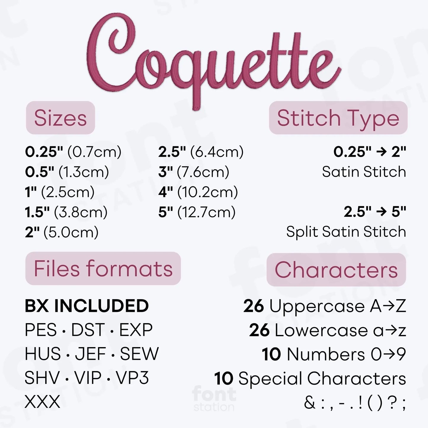 Image showing the different files formats, sizes, stitch type and available characters of the Coquette Embroidery Font by FontStation