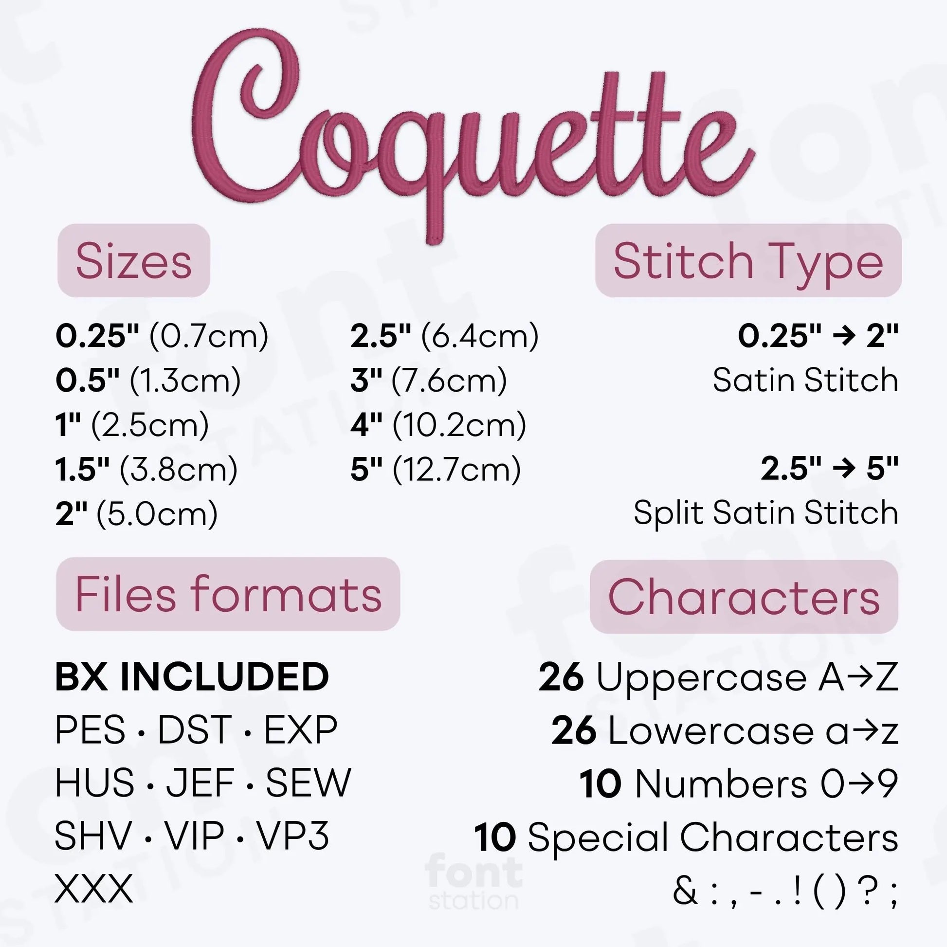 Image showing the different files formats, sizes, stitch type and available characters of the Coquette Embroidery Font by FontStation