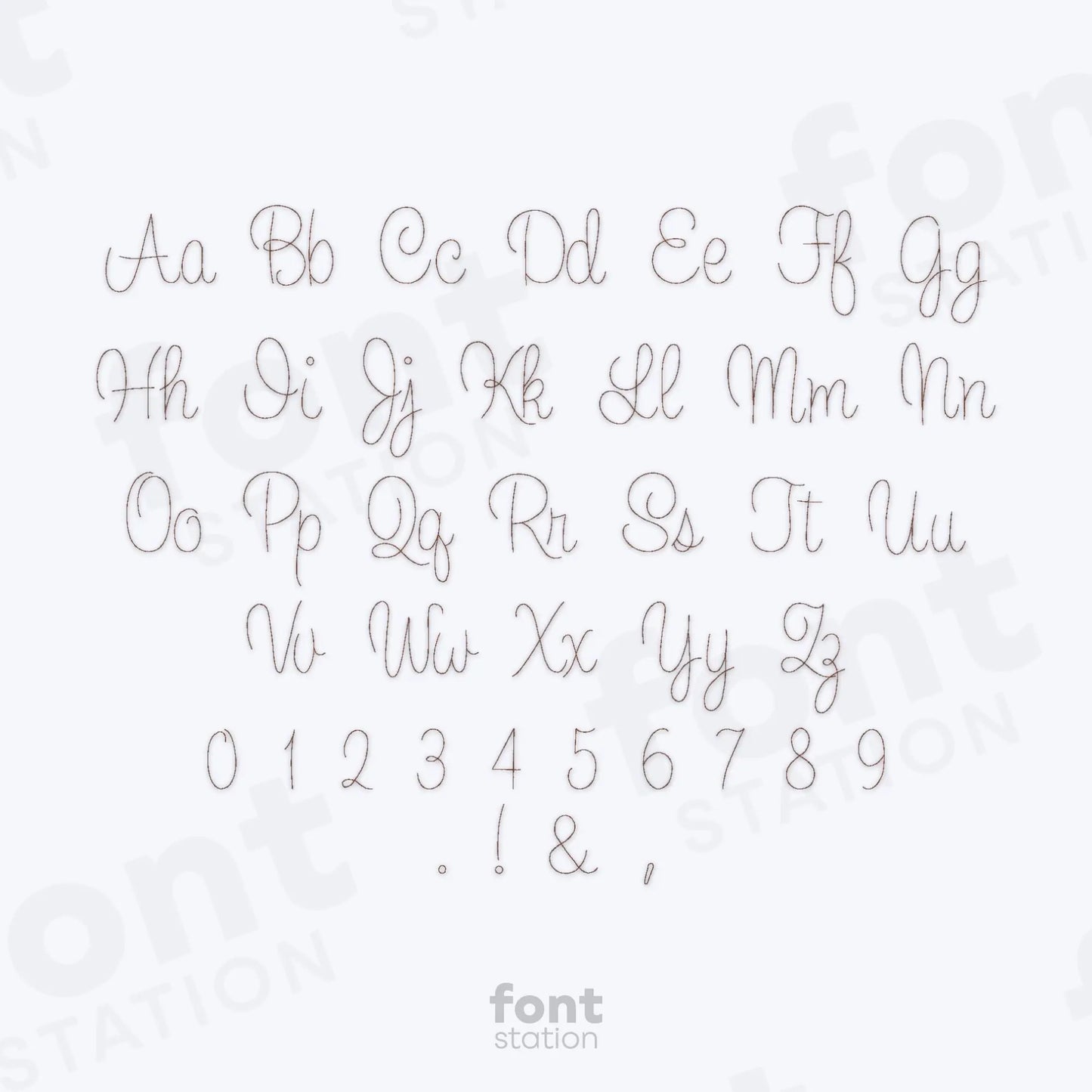 Alphabet, numbers and special characters on a white background using the Cursive Bean embroidery font by FontStation.