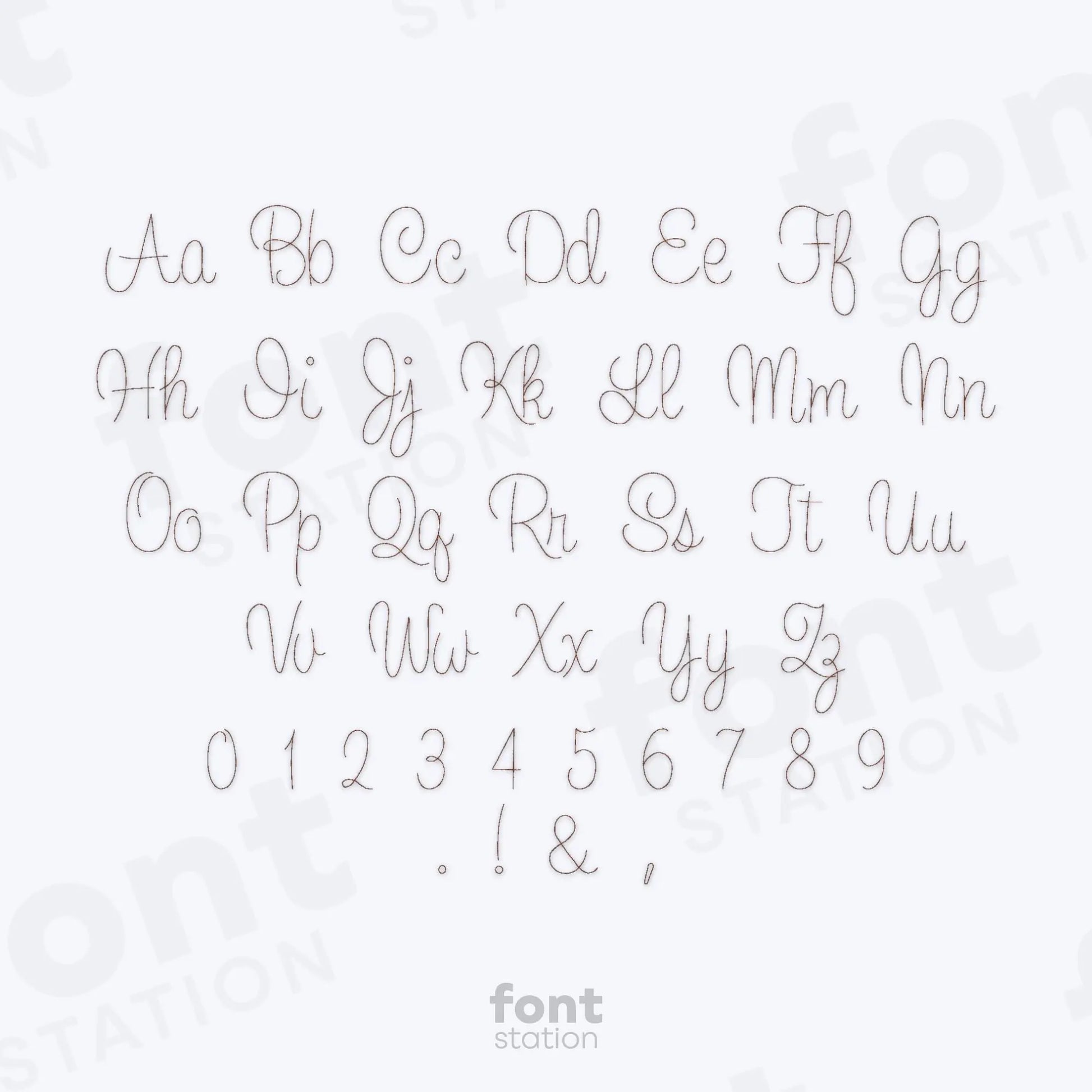 Alphabet, numbers and special characters on a white background using the Cursive Bean embroidery font by FontStation.
