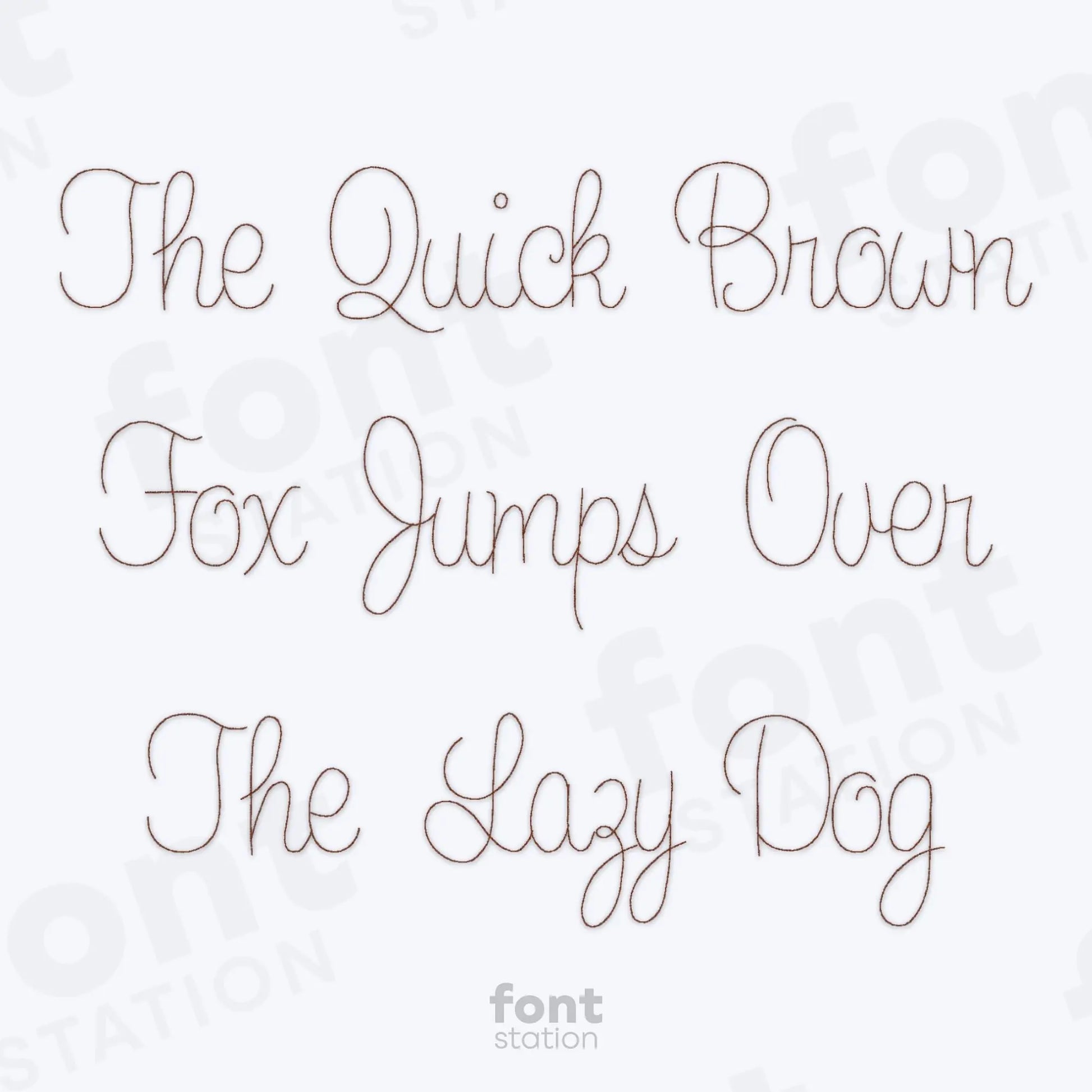 Text 'The Quick Brown Fox Jumps Over The Lazy Dog' using the Cursive Bean embroidery font by FontStation.