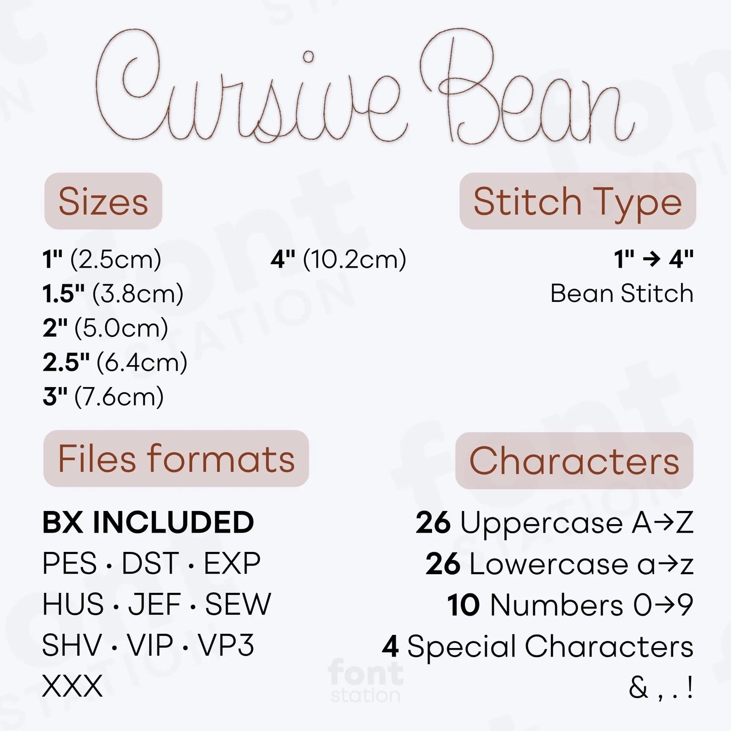 Image showing the different files formats, sizes, stitch type and available characters of the Cursive Bean Stitch Embroidery Font by FontStation