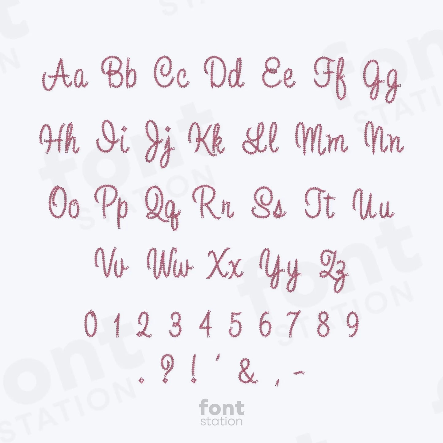Alphabet, numbers and special characters on a white background using the Cursive Chain embroidery font by FontStation.