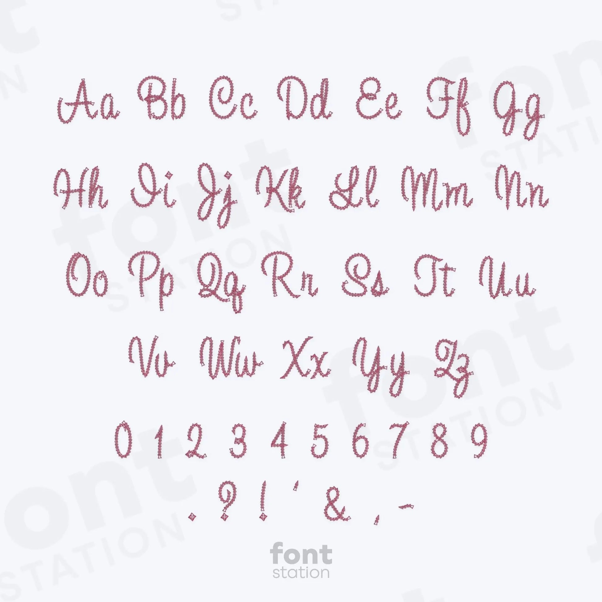 Alphabet, numbers and special characters on a white background using the Cursive Chain embroidery font by FontStation.