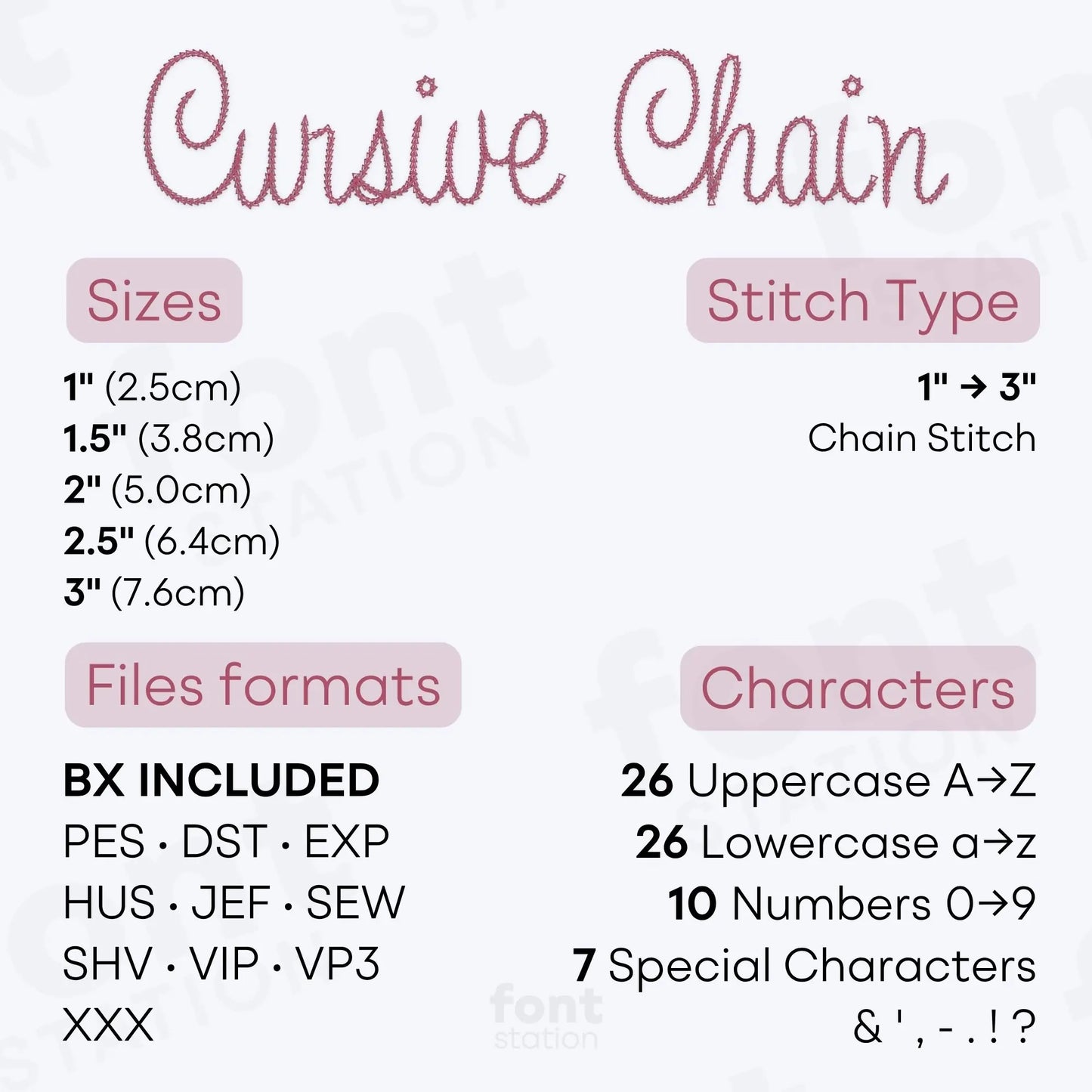 Image showing the different files formats, sizes, stitch type and available characters of the Cursive Chain Stitch Embroidery Font by FontStation