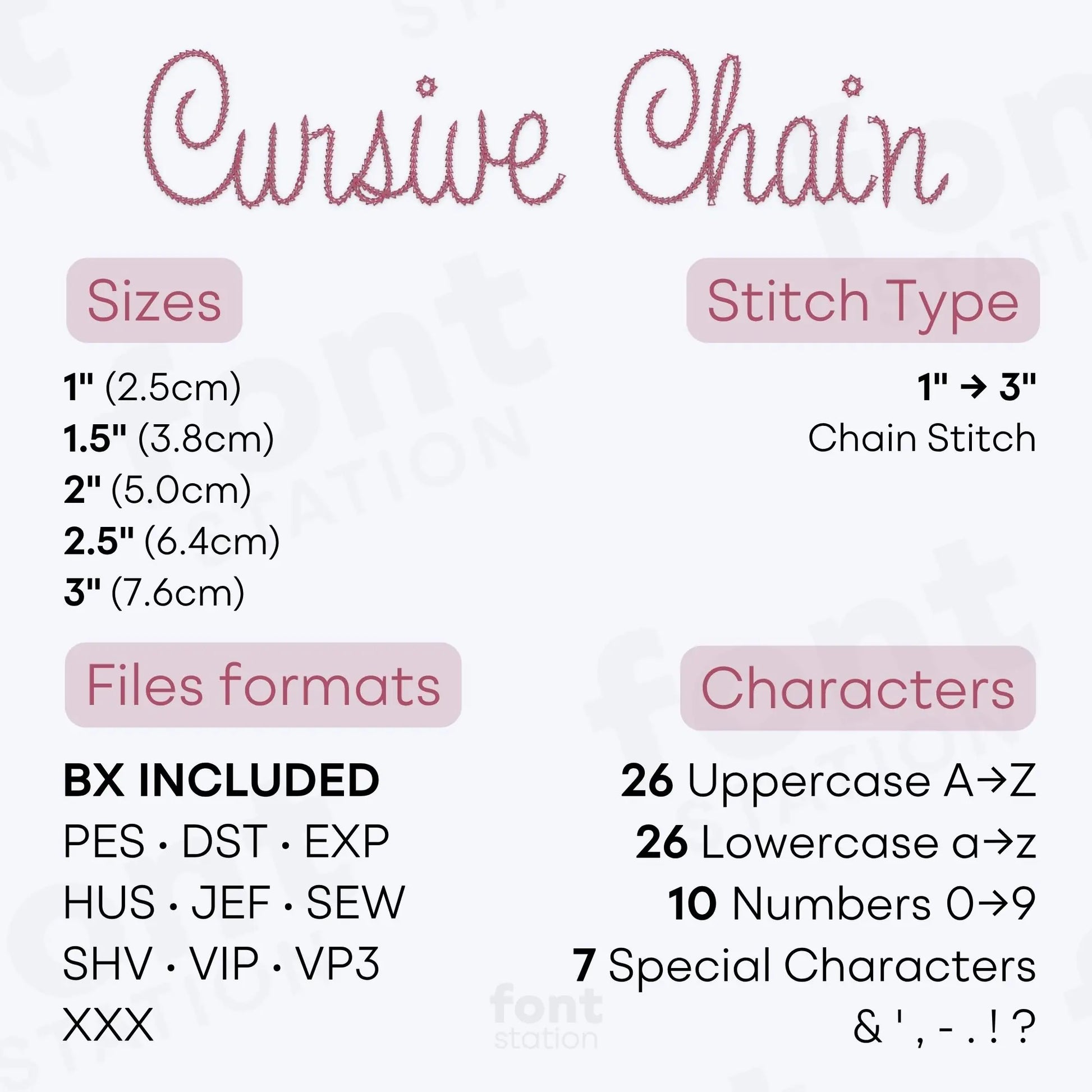 Image showing the different files formats, sizes, stitch type and available characters of the Cursive Chain Stitch Embroidery Font by FontStation