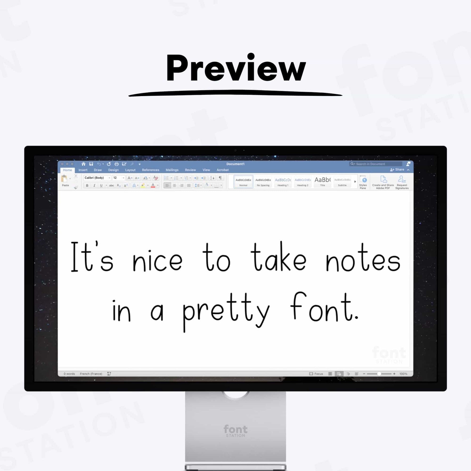 A complete showcase image of the cute notes font, featuring the text 'It's nice to take notes in a pretty font' to display every letter of the alphabet.