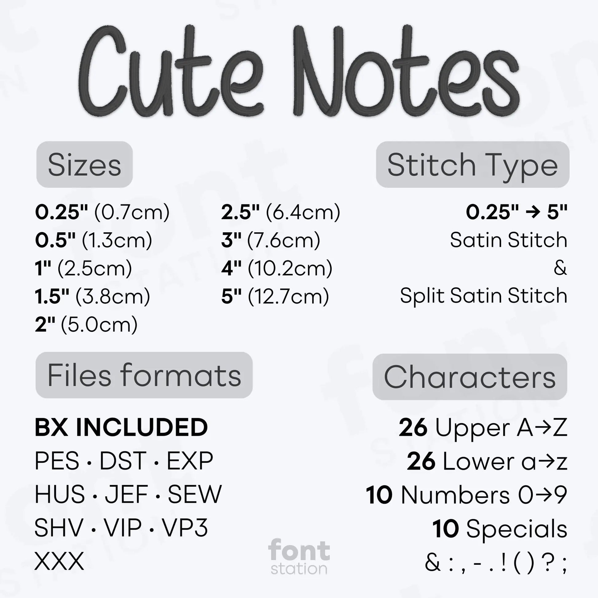 Technical specifications for a font named 'Cute Notes Embroidery Font' including sizes, stitch type, files formats, and characters.