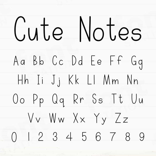 Image showing all characters available in the Cute Notes font created by FontStation.