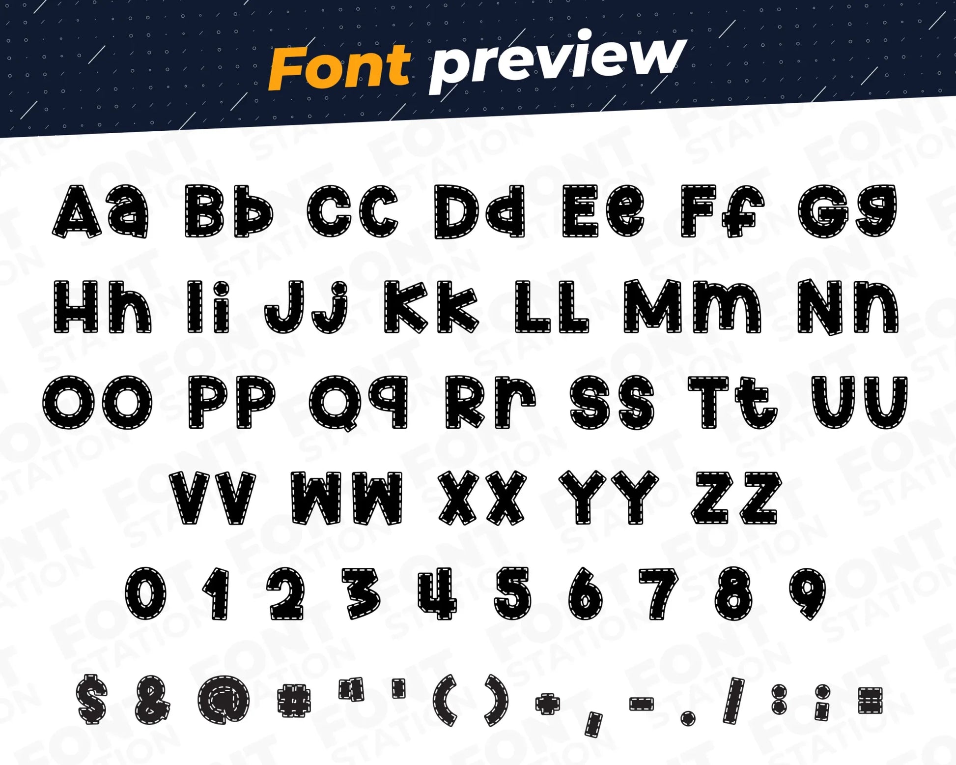 Image showing all characters available in the Dashed font created by FontStation.