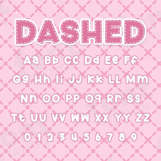 Image showing all characters available in the Dashed font created by FontStation.