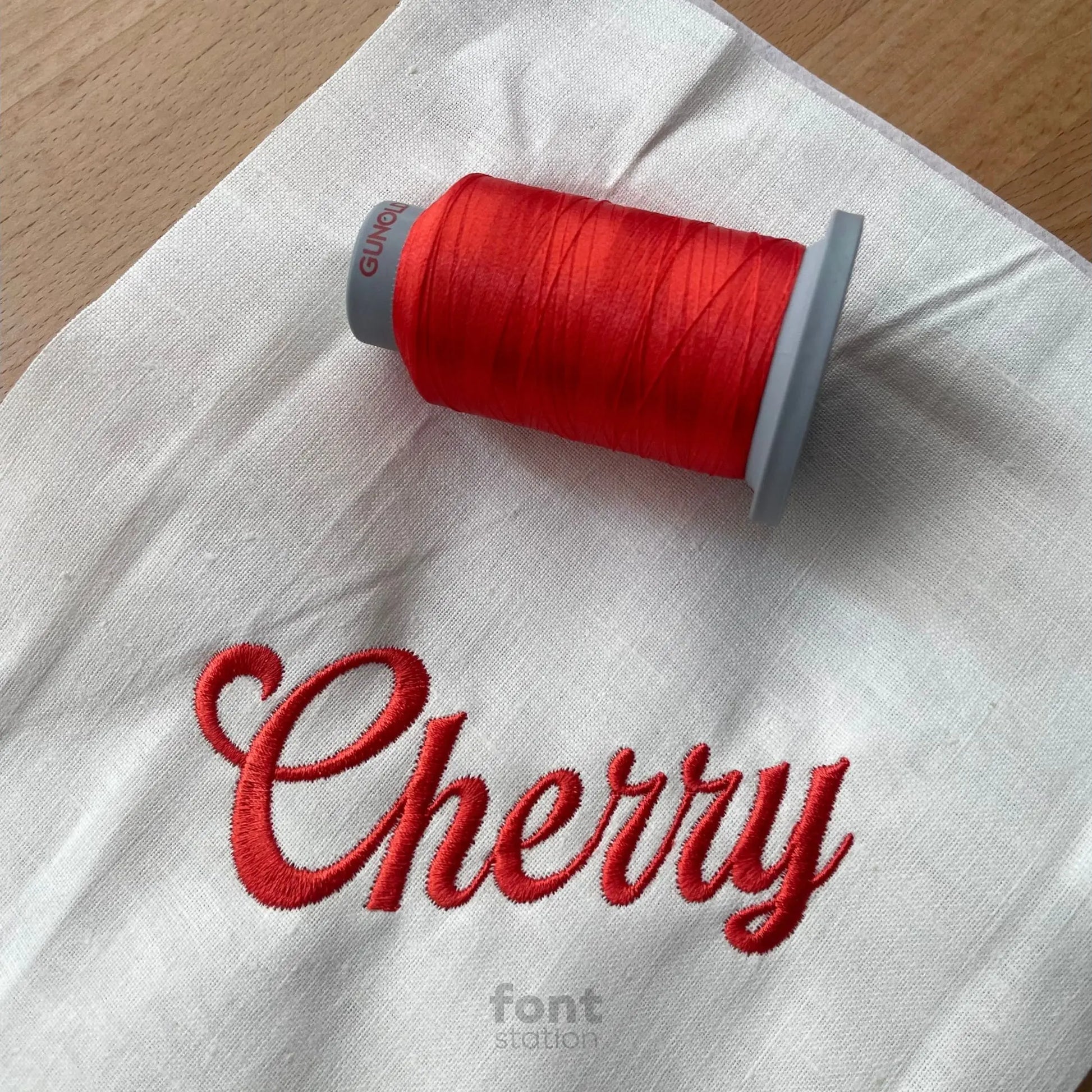 Image showing a word embroidered on textile using the Delicious embroidery font created by FontStation
