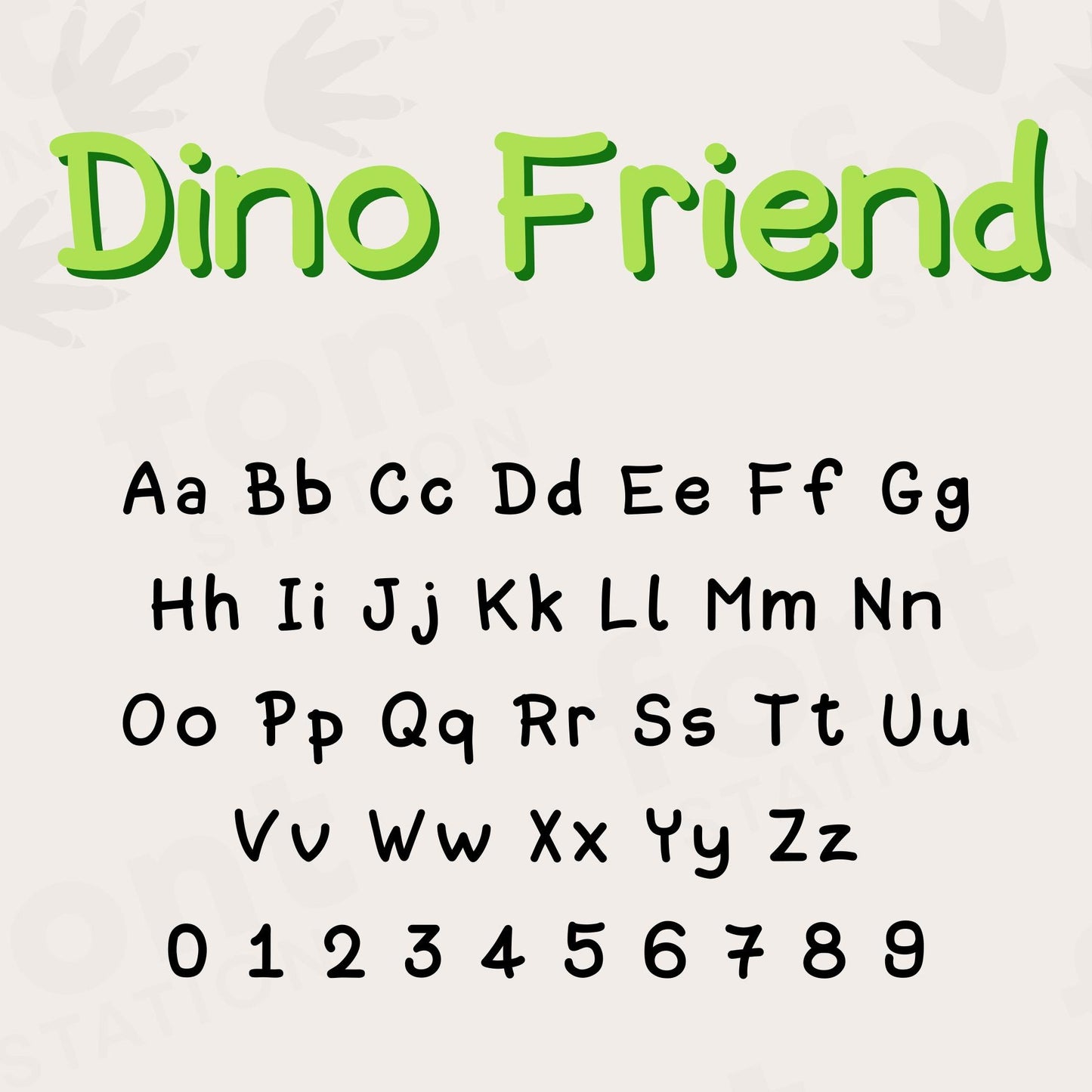 Image showing all characters available in the Dino Friend font created by FontStation.