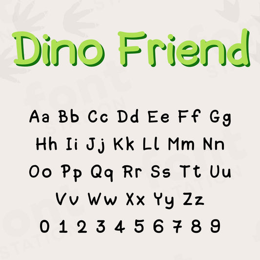 Image showing all characters available in the Dino Friend font created by FontStation.