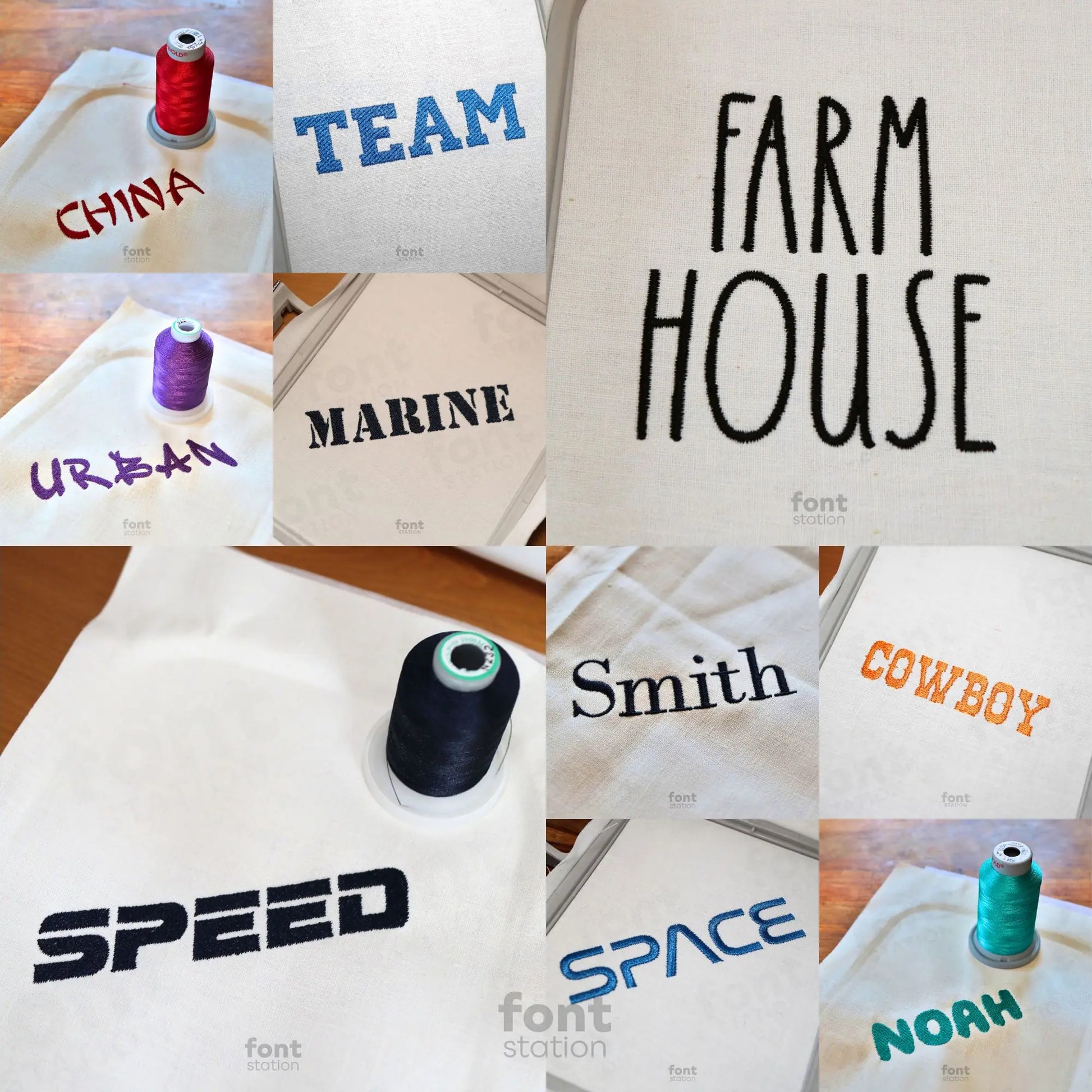 Image showing a word embroidered on textile using the Display embroidery font bundle created by FontStation