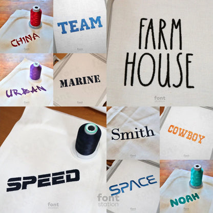 Image showing a word embroidered on textile using the Display embroidery font bundle created by FontStation