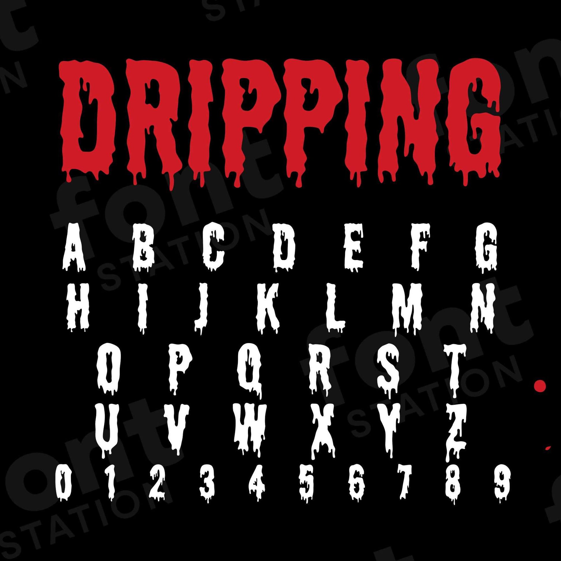 Image showing all characters available in the Dripping font created by FontStation.