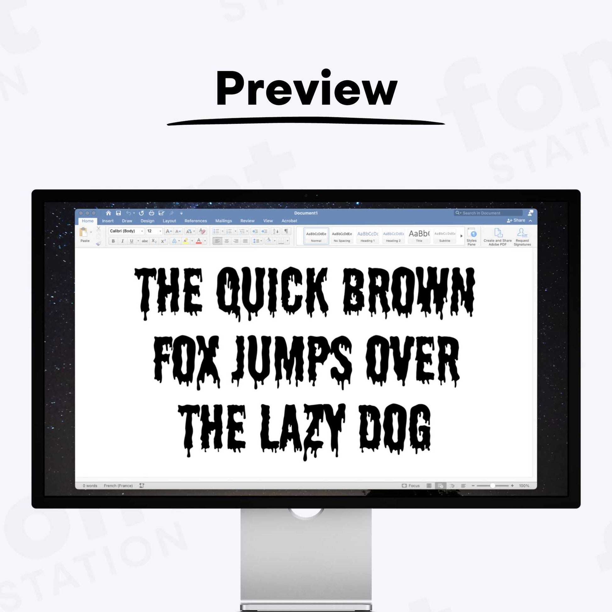A complete showcase image of the Dripping font, featuring the text 'The quick brown fox jumps over the lazy dog' to display every letter of the alphabet.