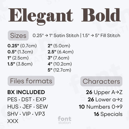 Image showing the different files formats, sizes, stitch type and available characters of the Elegant Bold Embroidery Font by FontStation