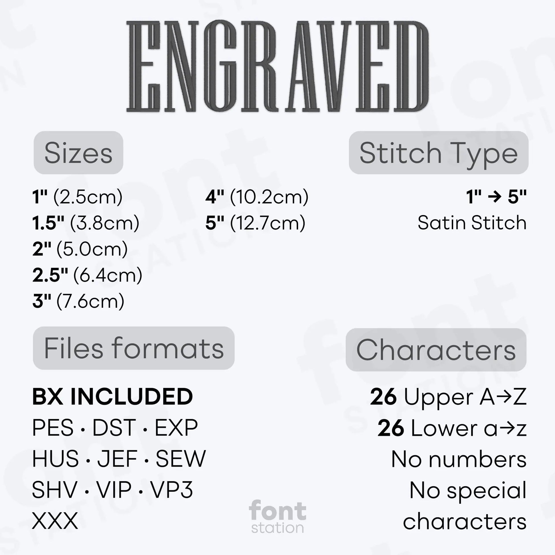 Image showing the different files formats, sizes, stitch type and available characters of the Engraved Embroidery Font by FontStation