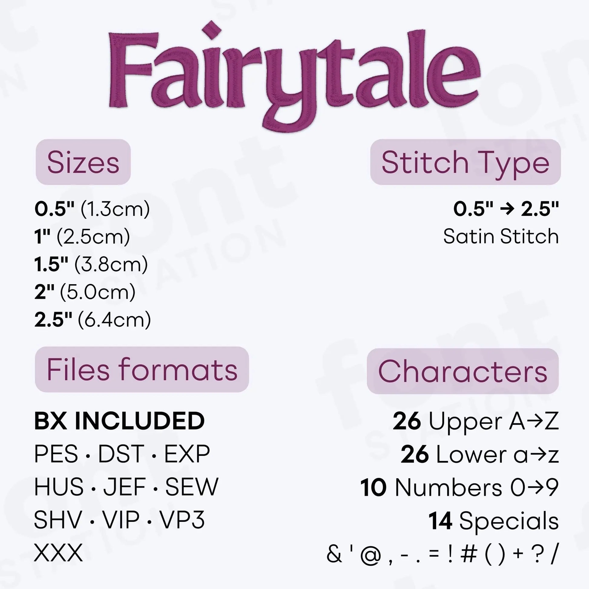 Image showing the different files formats, sizes, stitch type and available characters of the Fairytale Embroidery Font by FontStation