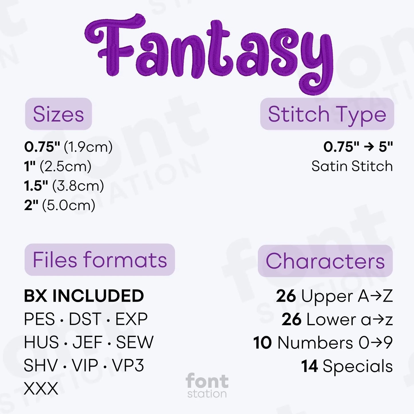 Image showing the different files formats, sizes, stitch type and available characters of the Fantasy Embroidery Font by FontStation