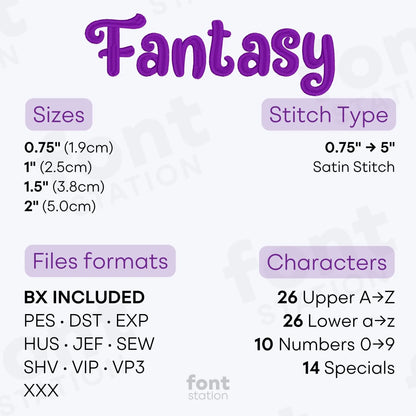 Image showing the different files formats, sizes, stitch type and available characters of the Fantasy Embroidery Font by FontStation