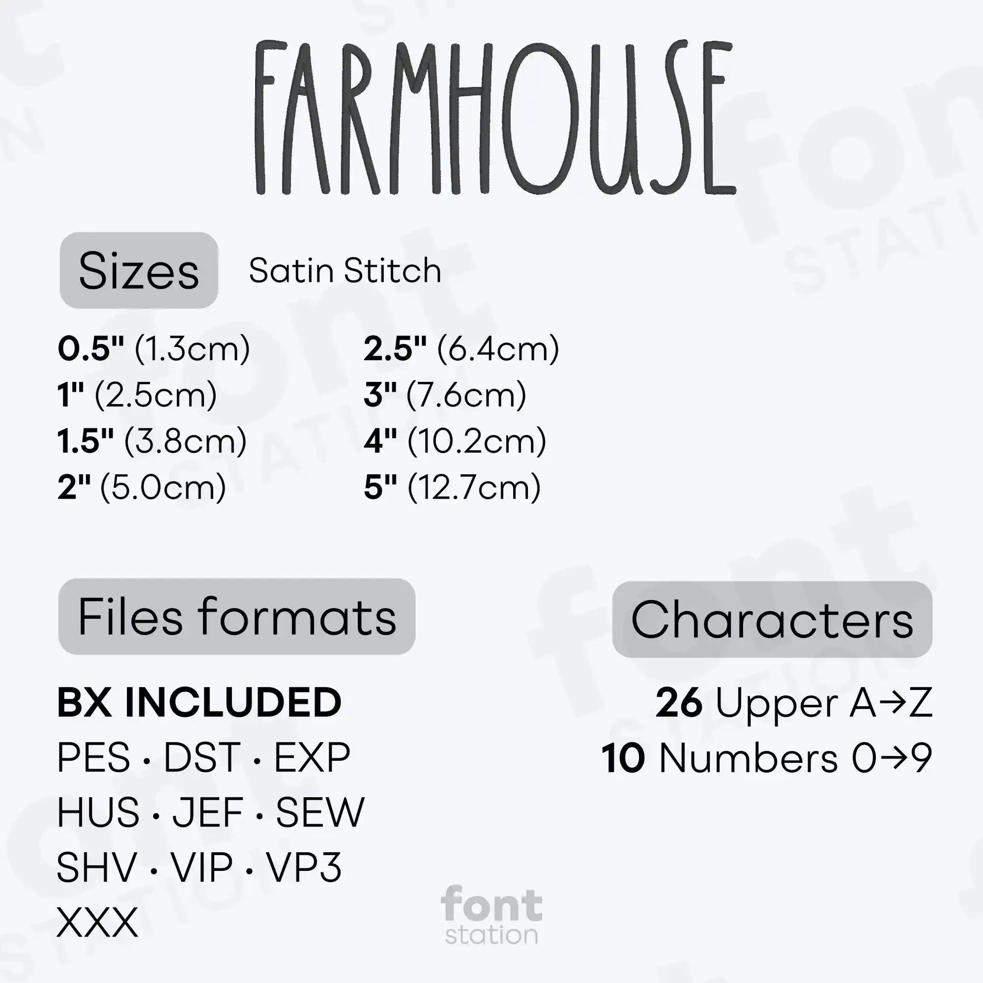 Image showing formats and sizes of the Farmhouse embroidery font created by FontStation