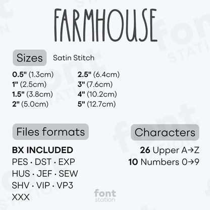 Image showing formats and sizes of the Farmhouse embroidery font created by FontStation