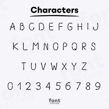 Image showing all characters available in the Fishing Hook font created by FontStation.