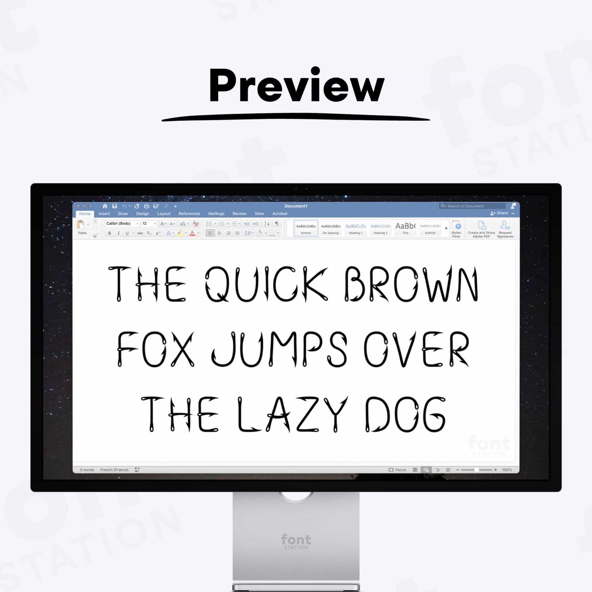 A complete showcase image of the Fishing Hook font, featuring the text 'The quick brown fox jumps over the lazy dog' to display every letter of the alphabet.