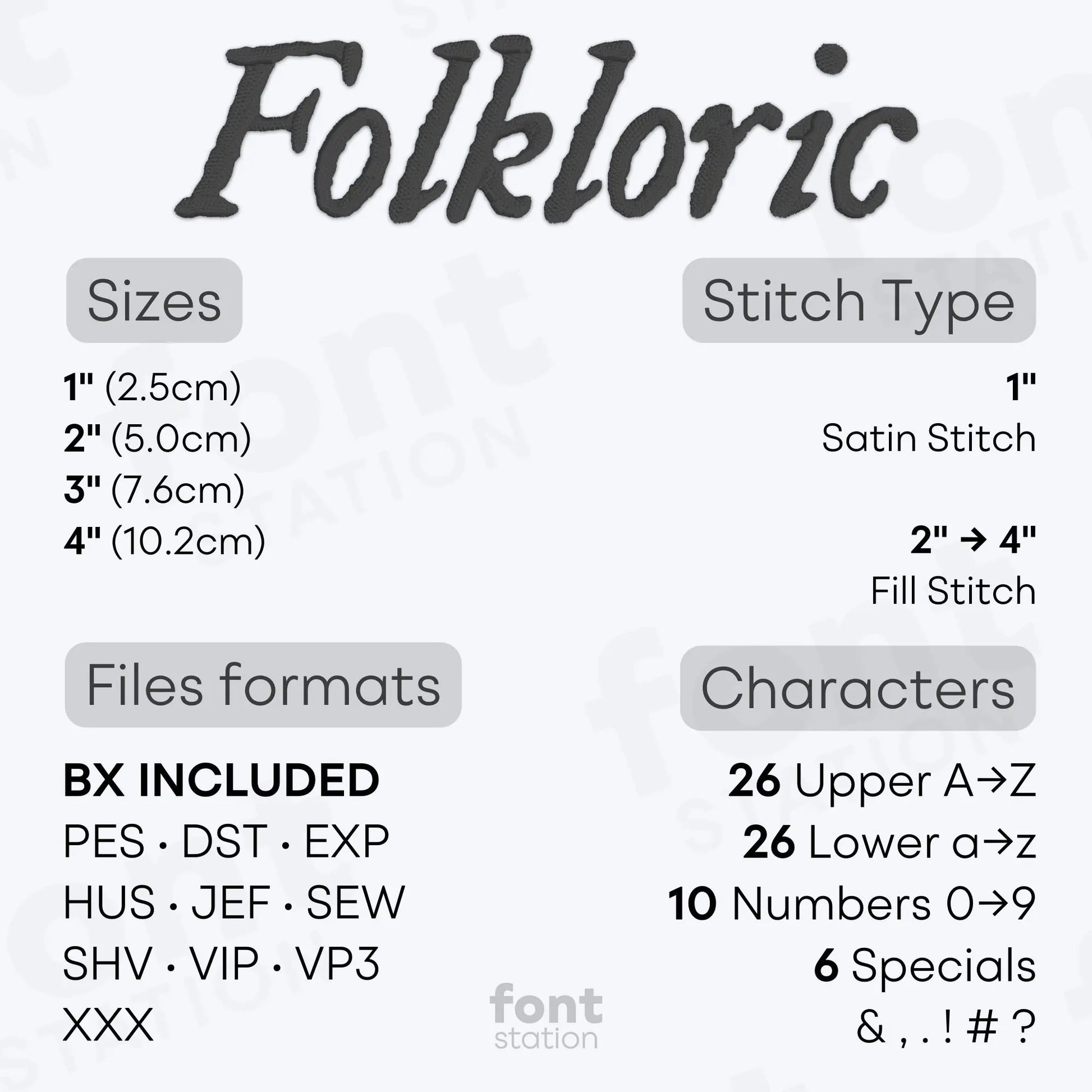 Image showing the different files formats, sizes, stitch type and available characters of the Folkloric Embroidery Font by FontStation