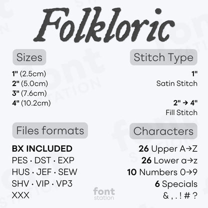 Image showing the different files formats, sizes, stitch type and available characters of the Folkloric Embroidery Font by FontStation