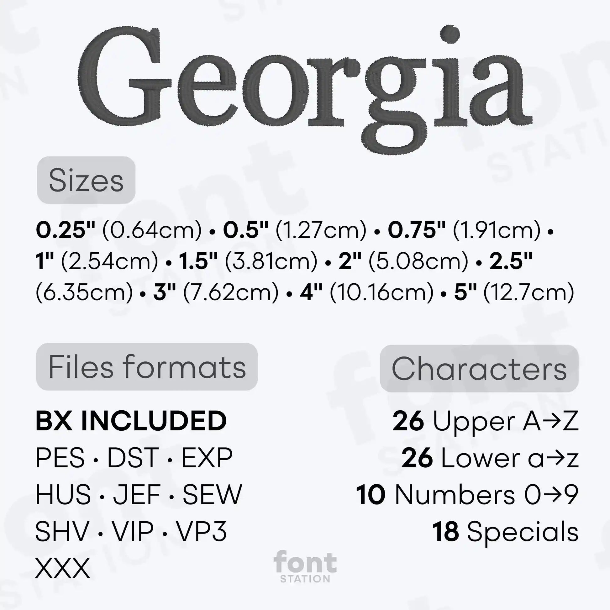 Image showing the different files formats, sizes, stitch type and available characters of the Georgia Embroidery Font by FontStation