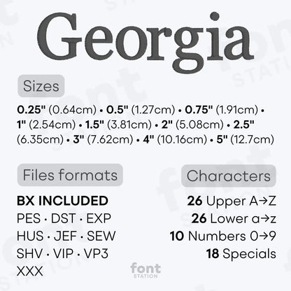 Image showing the different files formats, sizes, stitch type and available characters of the Georgia Embroidery Font by FontStation