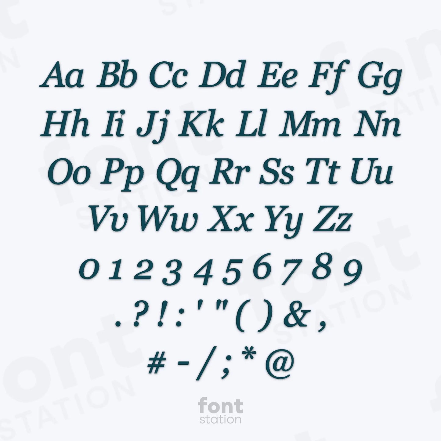 Alphabet, numbers and special characters in the Georgia Italic embroidery font on a white background